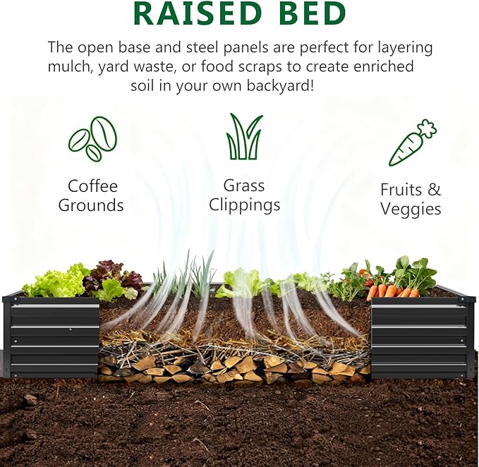2 Pack 6x3x1FT Galvanized Raised Garden Bed Kit Outdoor Metal Planter Box for Vegetables Bottomless Rectangular Gardening Bed with Support Rods Tool-Free Assembly Black