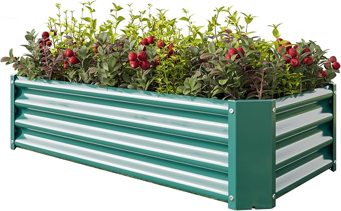 Raised Garden Beds Outdoor for Gardening 4×2×1ft Galvanized Rectangular Plastic Raised Planter Garden Box for Fruit Vegetables Herbs Flowers Growing Bed for Lawn Patio Balcony Green