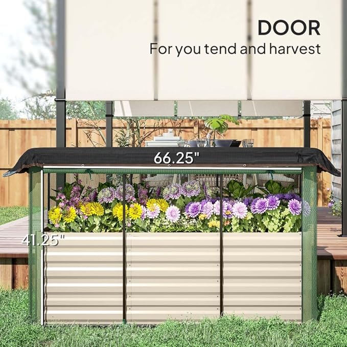 Heavy-Duty Galvanized Steel Raised Garden Bed with Integrated Crop Cage and Adjustable Shade Cloth for Outdoor Vegetable and Flower Growing (Beige + HDPE + Steel-1)