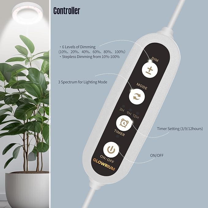 GLOWRIUM Grow Lights for Indoor Plants20W Full Spectrum LED Plant Light with StandAdjustable Height3/9/12H Timer6 Dimmable Levels &amp 3 Lighting Modes (White-Single Head)