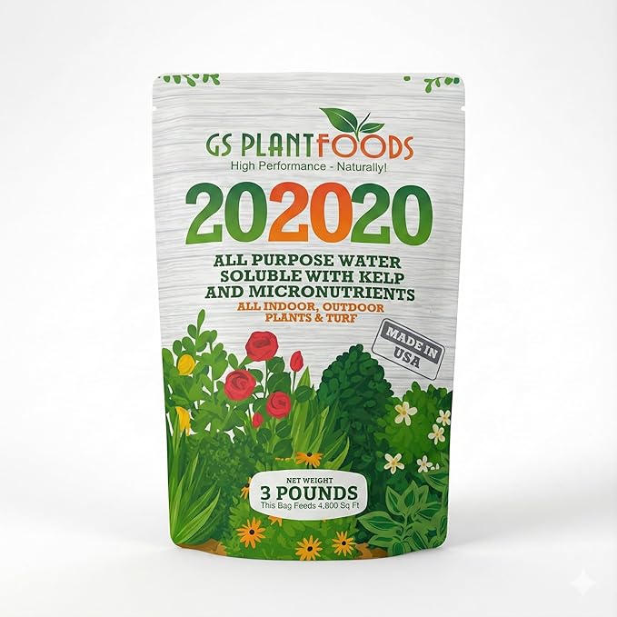 GS Plant Foods All Purpose Water Soluble 20-20-20 Fertilizer Balanced NPK Plant Food with Micronutrients Contains Kelp (Ascophyllum nodosum) for Indoor &amp Outdoor Plants Gardens &amp Turf (3 lbs