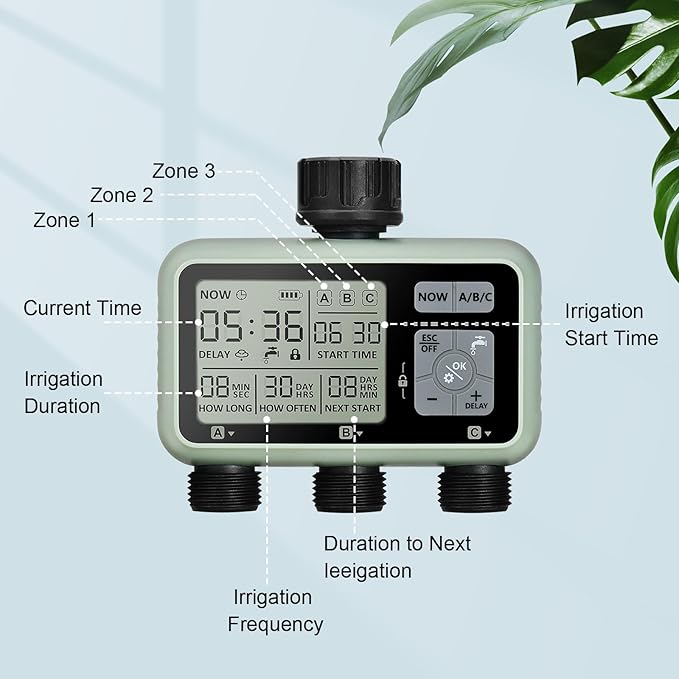 Watering Timer 3 Zone Sprinkler Timer Programmable Garden Outdoor Hose Faucet Timer with Rain Delay Auto &amp Manual Watering SystemWater Hose Irrigation Timers 3 Outlet for Garden