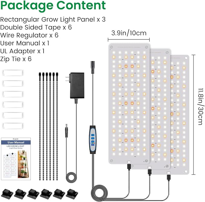 Grow Light Full Spectrum Under Cabinet Plant Lights for Indoor Growing Seedling 3 Panels Large Area Illumination 414 LEDs Lightweight Grow Lamp with UL Adaptor 16 Hour Timer