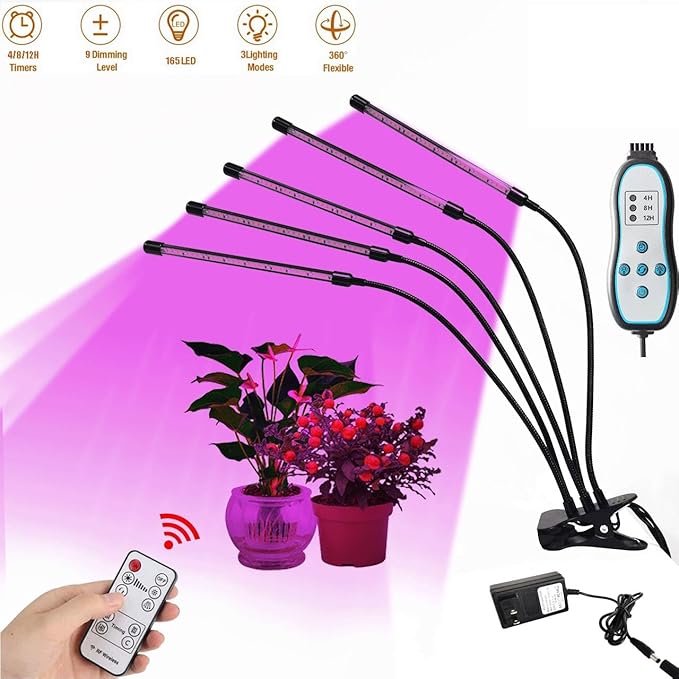 LED Grow Light 4-Head Plant Growing Lamp with Timer 9 Dimming Levels 3 Light Modes USB Powered Flexible Gooseneck (Red Blue Light)