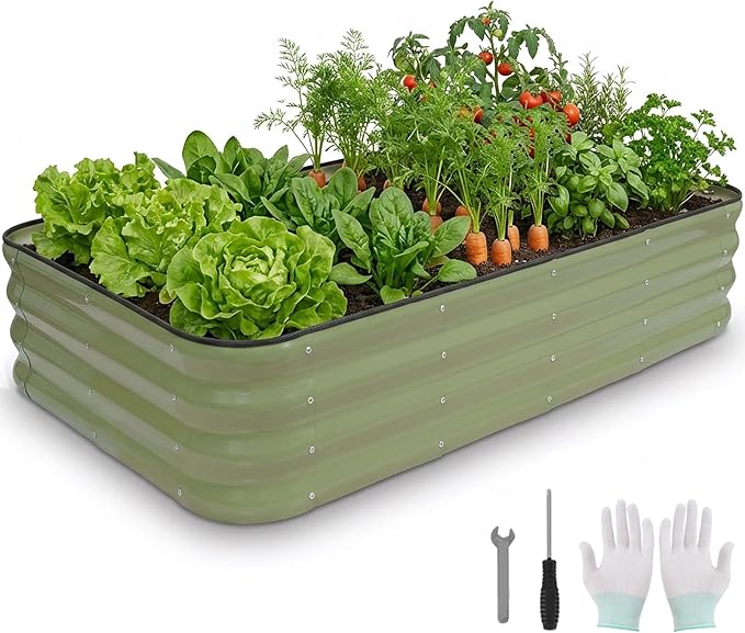 4 in 1Galvanized Raised Garden Bed - 5x3x1ft Modular Garden Planter Bed Outdoor | Steel Raised Bed Kit with Bracing Rods Gloves for Gardening Vegetables Fruits and Flowers (Green)
