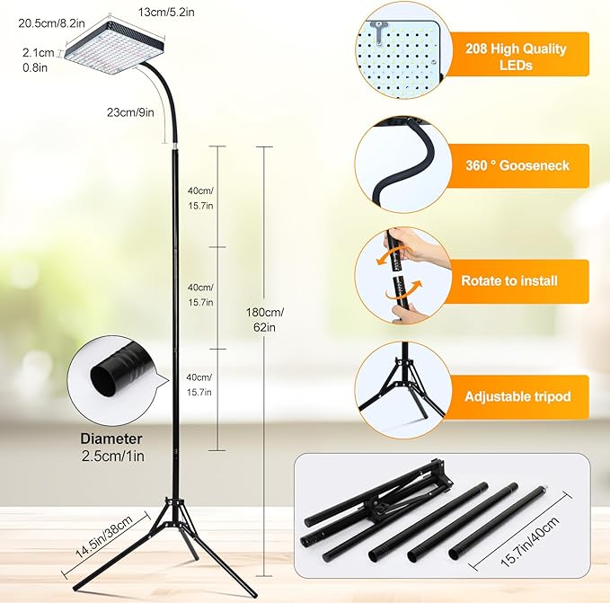 2026 Grow Light with Upgrade Stable Stand Bright Grow Lights for Indoor Tall Plants Bonsai Tree 4/8/12/16/20H Timer 25 Watt Power Draw NO Need Adapter 24-76 Height Adjustable