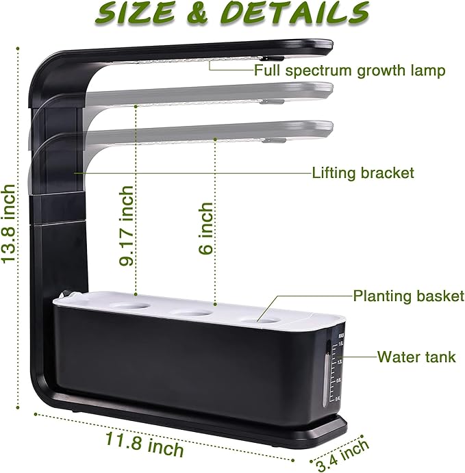 Hydroponics Growing System with LED Grow Light Adjustable Indoor Garden Kit for Herbs/Vegetables Soil-Free Smart Water Alert 3 Plant Capacity Plants Germination Kit for Home Kitchen Office (Black)