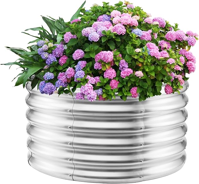 17 Tall Round Outdoor Garden Raised Garden Bed Kits-0.8MM Thick Metal Raised Planter Bed/Ground Planter Box for Variety of FlowersHerbsVegetablesTrees (Silver 32 Dia X 16.5 inches)