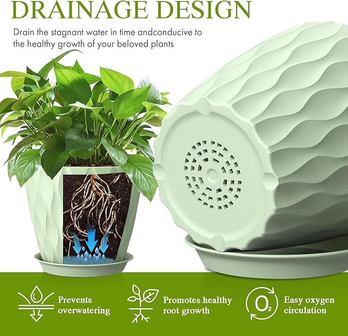 8 Inch Plant Pots with Saucers (4 Pack) - Modern Ribbed Flower Pots for Indoor Plants - Sturdy Decorative Planters for Snake Plant &amp Flowers - Drainage Holes (4 Green)