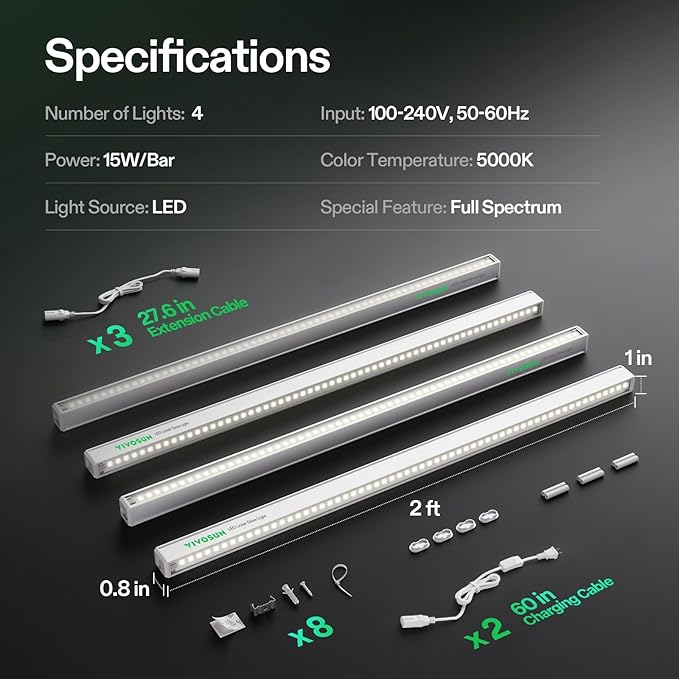 VIVOSUN T5 Linear Grow Lights 2ft 5000K Full Spectrum LED Grow Light Strip for Indoor Growing Plant Lights SGS Compatible 15W/Bar 12-Pack