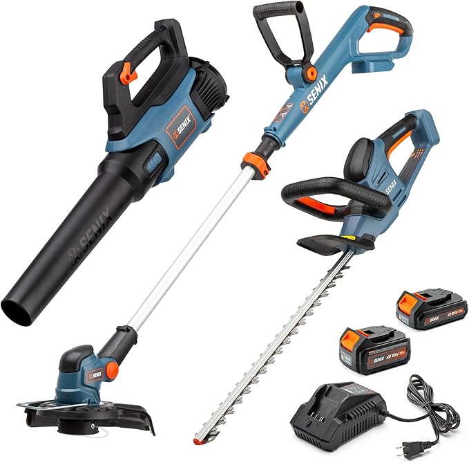 SENIX X2 20 Volt Max* 3-Piece Cordless Power Tool Combo Kit with Battery Powered 10 String Trimmer Variable Speed Leaf Blower 18 Hedge Trimmer Includes 2 Batteries &amp Battery Charger (S2K3B2-0