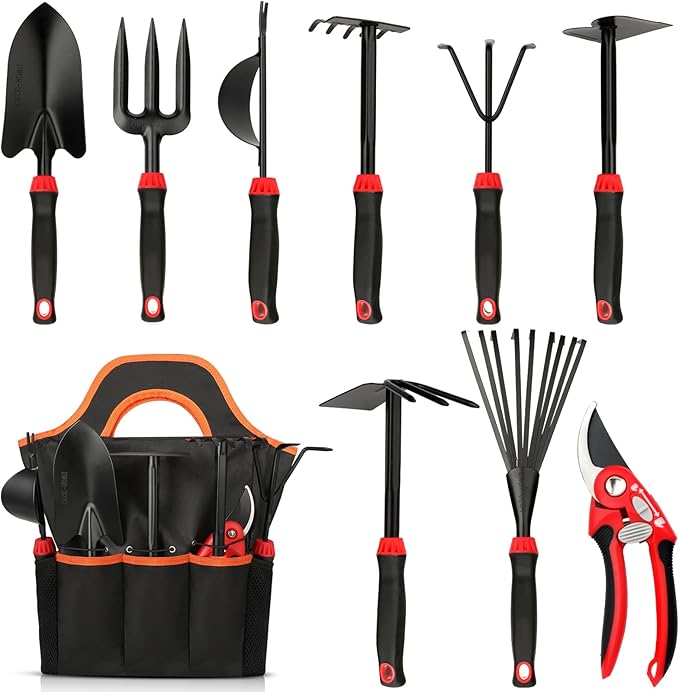10 Pack Garden Tool Set - Carbon Steel Heavy Duty Gardening Set with Non-Slip Handles &amp Carry Bag Garden Hand Tools Gift for Women and Men