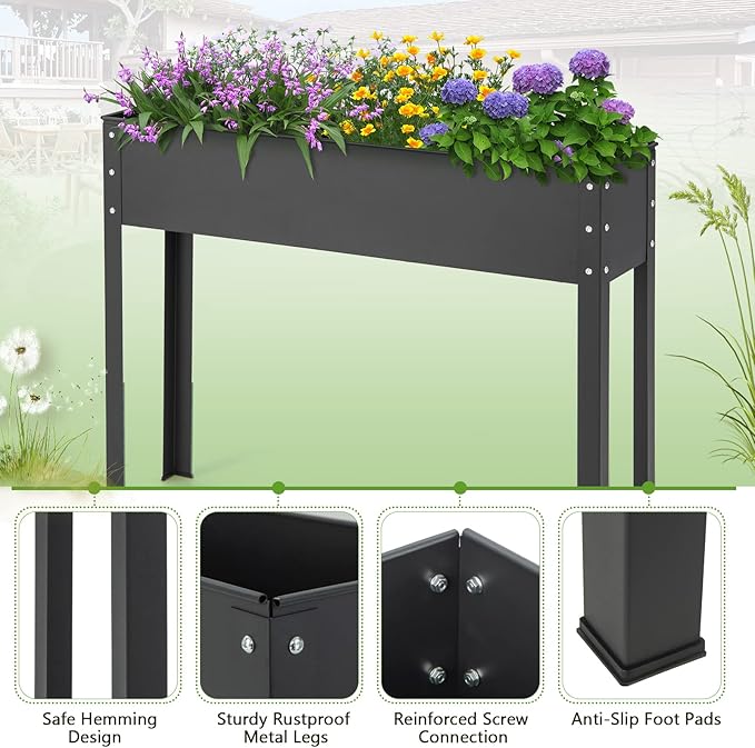 MAT EXPERT Raised Garden Bed 31.5’’ Elevated Metal Planter Box Stand w/Drainage Hole Outdoor Indoor Plant Container for Vegetable Flower Herb Fruit Standing Raised Bed for Backyard (Black)