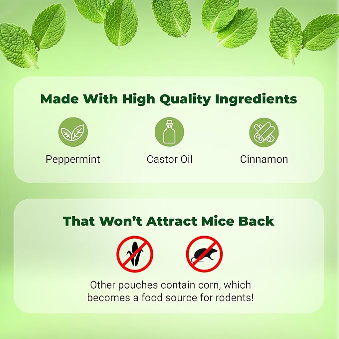 Mighty Mint Mouse Repellent Pouches – Peppermint Castor Oil &amp Cinnamon Formula – Natural Indoor Deterrent for Mice and Rodents – Plant-Based Long-Lasting Protection – 12 Count