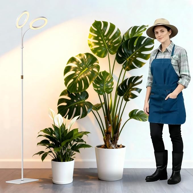 Dual Head Grow Light for Indoor PlantsFull Spectrum Halo Plant Lights with Stand Floor Standing Growing Lamp with Adjustable HeightAuto TimerDimmable Brightness for Tall Large Plant（White