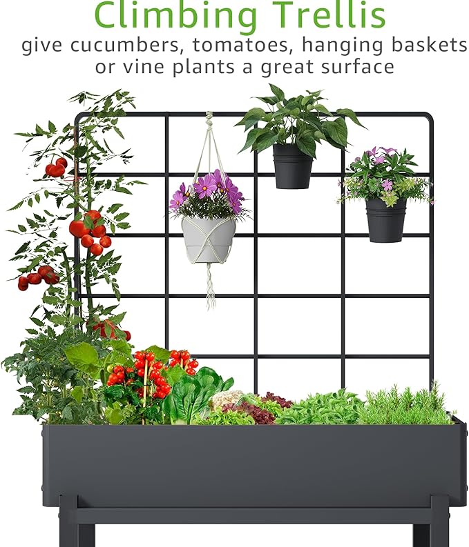 Metal Raised Garden Bed with Trellis &amp 2-Tier Storage Shelf Elevated Planter Box with Legs -Includes 3 Flower Pots Outdoor Vertical Garden for Vegetables Herbs Climbing Plants Patio Balcony