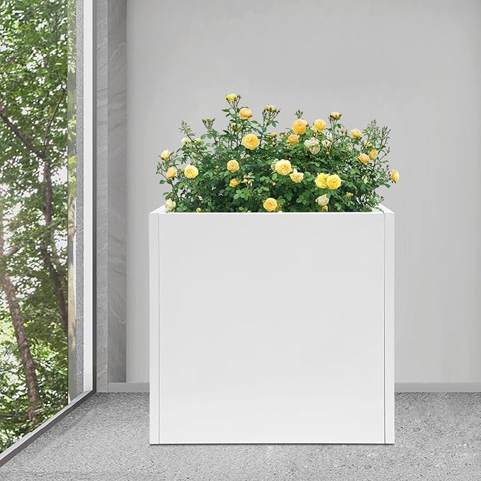 Heavy-Duty Galvanized Steel Raised Garden Bed 26x26x26in - Elevated Planter Box with Removable Panel for Tomatoes/Herbs/FlowersRust-Proof Outdoor Metal Garden Kit for PatioBackyardBalcony (White)