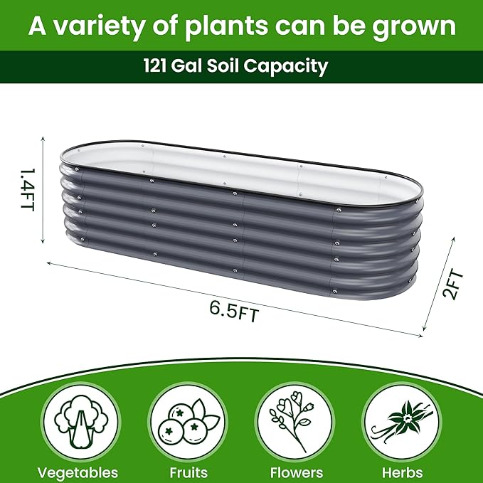 Oval Raised Garden Bed for Outdoors - 6.5X2X1.4 FT Galvanized Planter Raised Beds Metal Planter Box for VegetablesFlowers Herbs and Succulents(Deep Gery)