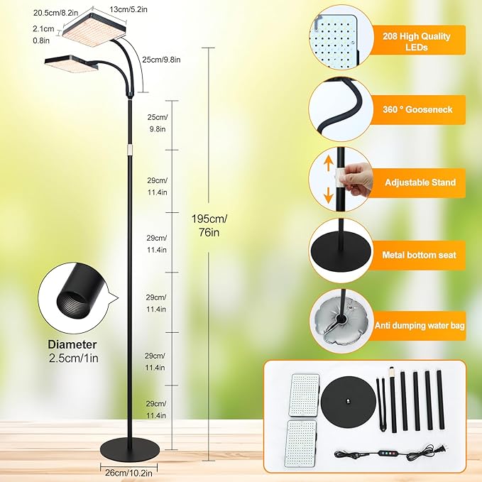 FECiDA 2026 2Head Floor Lamp Grow Light Grow Lights with Stable Stand Base for Indoor Plants Bonsai Tree 4/8/12/16/20 Hr Timer 50 Watt Power Draw NO Need Adapter 40-76 Height Adjustable