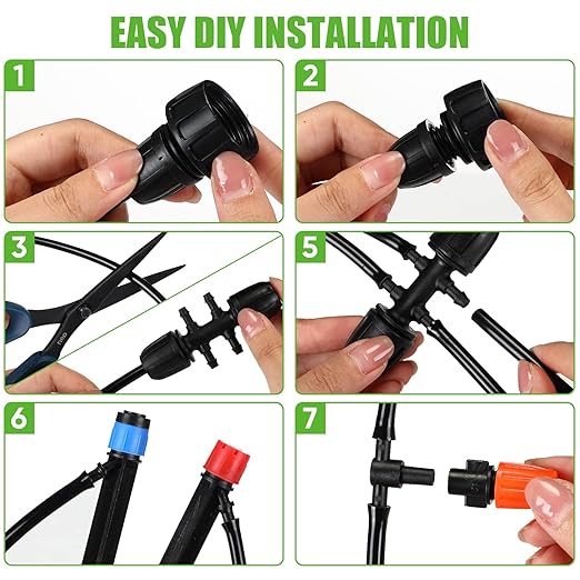 Yaomiao 394 ft Drip Irrigation System Kit 1/2 Inch Hose 1/4 Inch Distribution Tubing Drip Emitters Adjustable Misting Nozzle Barbed Fittings Patio Misting Plant Watering System for Garden Yard Lawn