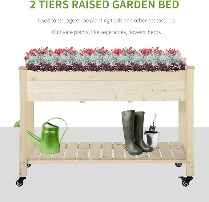Raised Garden Bed 2-Tier Planter Box with Wheels &amp Storage Shelf