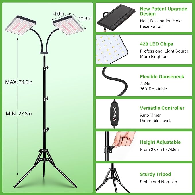 LBW Latest Grow Light for Indoor Plants 428 LED Dual-Head Full Spectrum Standing Plant Light Floor Grow Lamp with 3/6/12H Timer 6 Brightness Levels 3 Switch Modes 75 Adjustable Tripod Stand