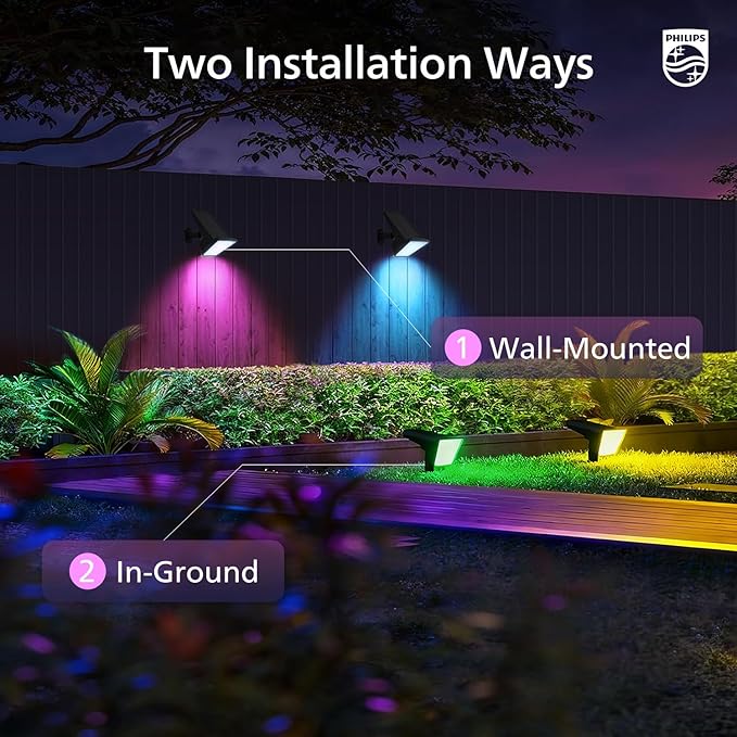 Philips 4 Packs Solar RGBW Spot Lights Outdoor 18 LED Solar Powered Landscape Lights 9 Lighting Modes Color-Changing Dusk to Dawn Waterproof Pathway Spotlights for Garden Trees Halloween Christmas
