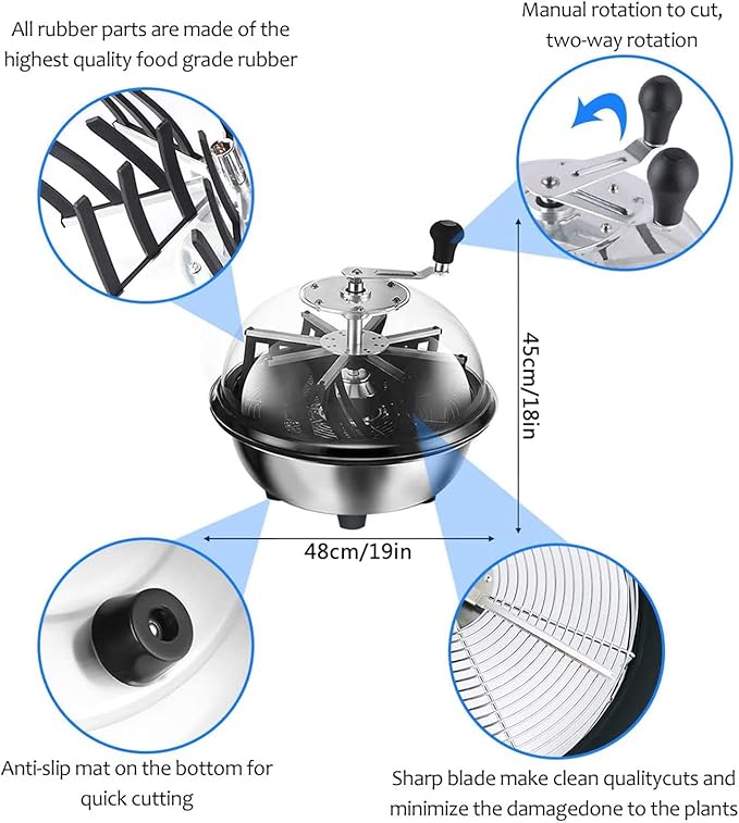 19 inch Bud Leaf Bowl Trimmer with Clear Visibility Dome Sharp Stainless Steel Blades with Spin Cut Solid Metal Gear Box for Hydroponic Plant