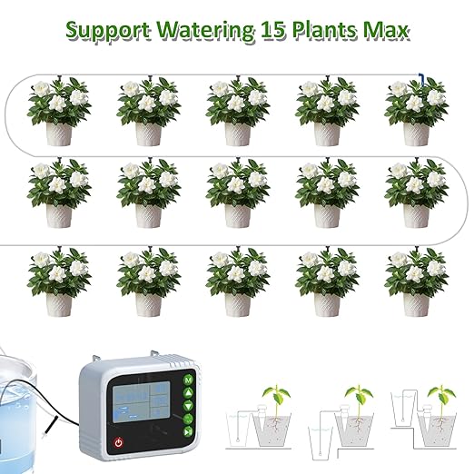PChero Automatic Drip Irrigation System Kit Indoor Plant Self Watering System Devices for 15 Potted Plants USB Charging Plant Waterer Indoor with Timer Buzzer and Water Sensor for Vacation