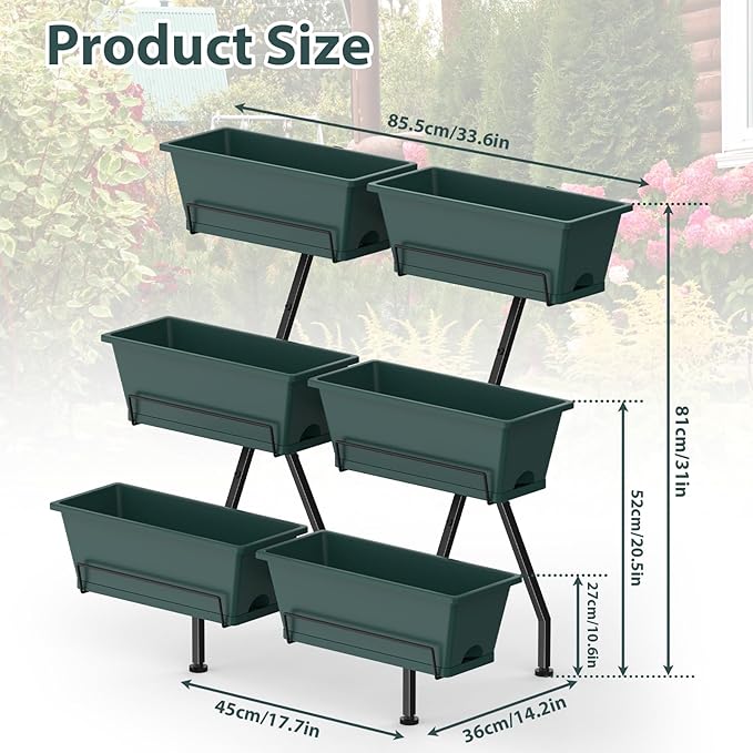 Sunexinlo 3-Tier Vertical Garden Planter with 6 Boxes 31 Tall Raised Garden Bed with Adjustable Feet for Herbs Flowers Vegetables Ideal for Indoor Outdoor Patio Balcony Deck Use Green
