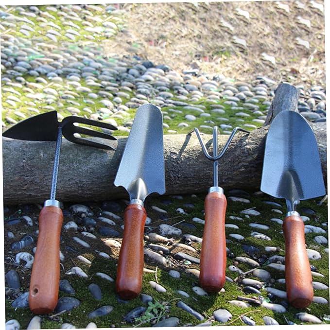 Toyvian Garden Hand Tool Set 4pcs with Extended Narrow Spade Triple Claw Rake Dual-use Hoe and Rake and Soil Scoop for Planting and Digging in Planters and Gardens