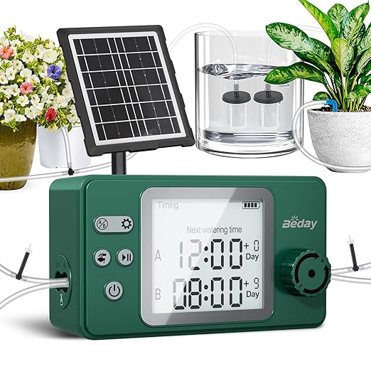 Solar Powered Dual Pump Drip Irrigation Kit for Outdoor Indoor Plants 2-Zone Smart Self-Watering System with USB Charging Automatic Plant Waterer for Garden Patio Balcony Vacation