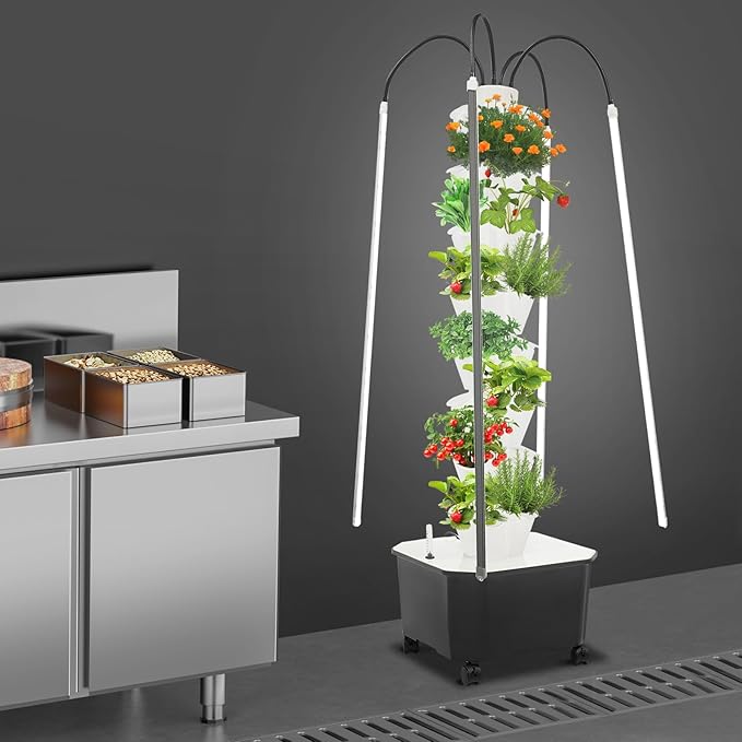 40 Pots Hydroponic Tower Growing System with LED Grow Lights Vertical Planter Tower Smart Tower Garden Hydroponic Herb Garden Planter Indoor Kit (Grey)