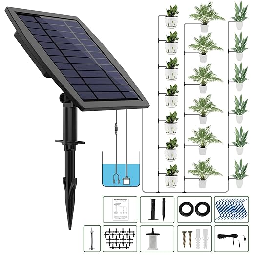 Solar Automatic Drip Irrigation Kit System JIYANG Solar Powered Auto Easy DIY Watering Device Supported Pots Plants 12 Timing Modes with Anti-Siphoning Device (Supported 20-30 Pots 12Timing Modes)
