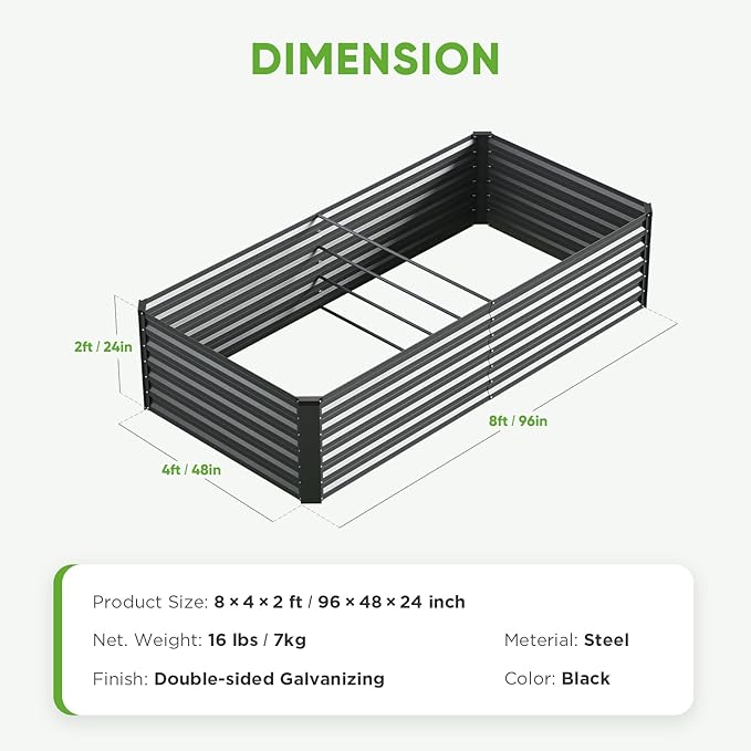 Galvanized Raised Garden Bed Outdoor 8x4x2ft Large Raised Bed for Gardening Metal Planter Box for Vegetables Fruits Flowers and Herb Easy Assembly Food Grade Materials Dark Gray