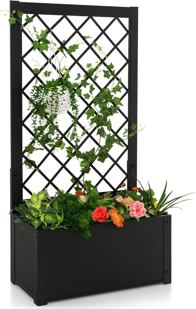 HAPPYGRILL Raised Garden Bed with Trellis 44” Metal Elevated Garden Box for Climbing Plants Vine Outdoor Planter Box for Yard Garden Balcony
