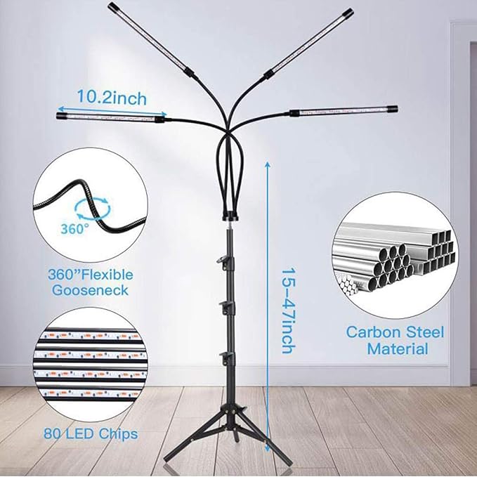 80W LED Full Spectrum Grow Lamps with Bracket 6 Dimmable Levels Greenhouse Flower Home Plant Growing Lights with Timer