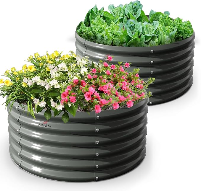 A ANLEOLIFE 2-Pack 4ft x 18” Tall Galvanized Raised Garden Beds Outdoor Round Metal Planter Box for Planting Vegetables Flowers Herb Anti-Rust &amp Easy-Setup Quartz Grey