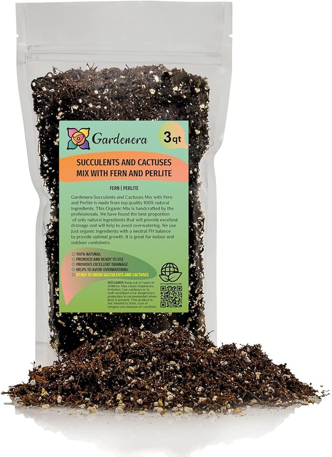 Gardenera Premium Organic Potting Soil Succulent &amp Cactus Soil Mix Fast Draining Pre-Mixed Blend - Horticultural Perlite (25%) + Peat Moss (75%) - Made in USA - 3 Quart