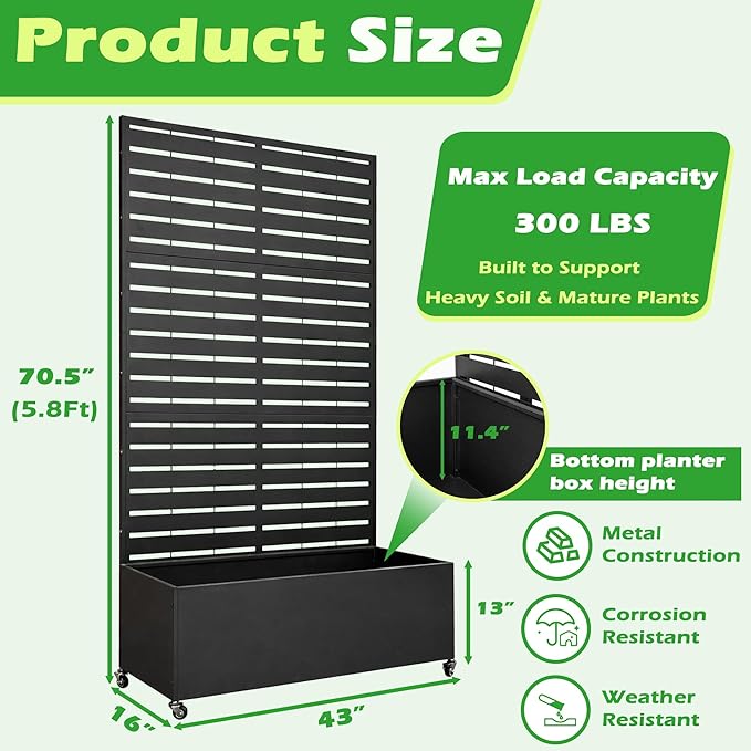 Metal Planter Box with Trellis 43” L x 16” W x 71” H Raised Garden Bed with Wheels Privacy Planters for Patio Metal Planter Box with Drainage Holes Black