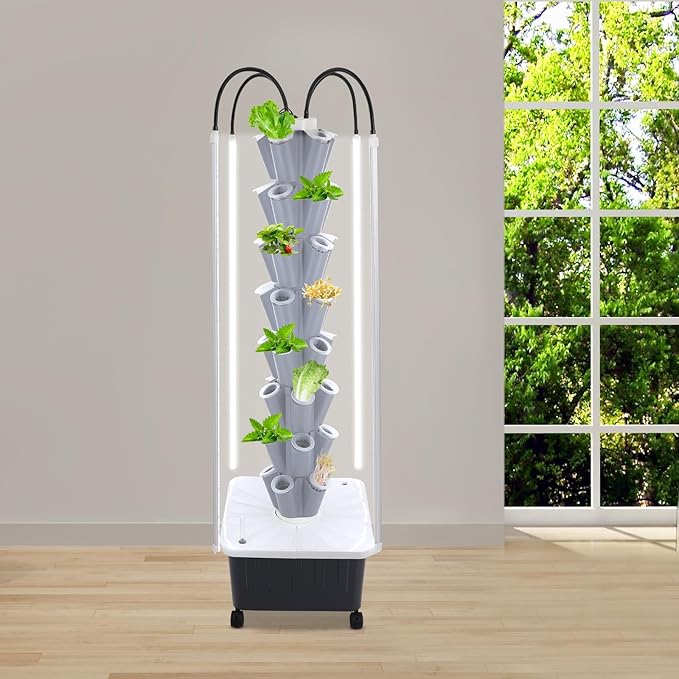 Hydroponic Growing System with Grow Lights 8 Layers Indoor Gardening System Vertical Planter Tower with 40 Pots for Vegetables Herbs (Grey)
