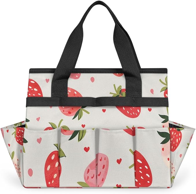 Strawberries Gardening Tool BagHeavy Duty Garden Tote BagPortable Oxford Gardening Storage Basket Organizer Handbag with Pockets HandleHand Tools Gifts for Outdoor Garden Lawn Yard