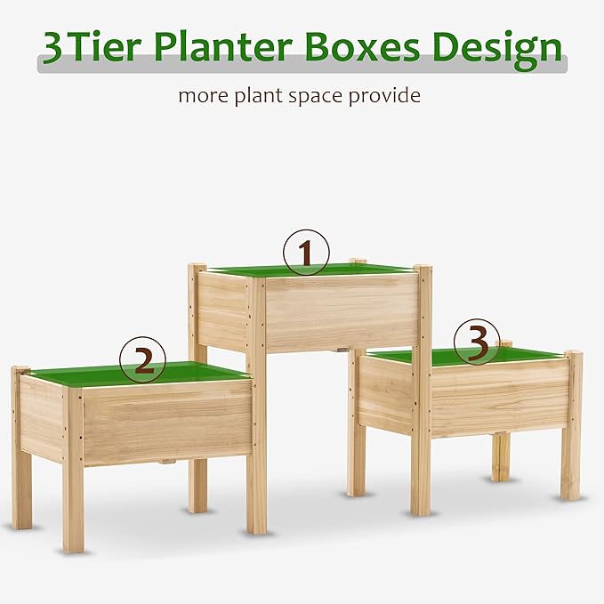 MCombo Raised Garden Bed 3 Tier Outdoor Wood Elevated Planter Box Kit Raised Garden Boxes for Vegetables Herb and Flowers 72 x 17.7 x 31.5 Inches 0908 (Natural)