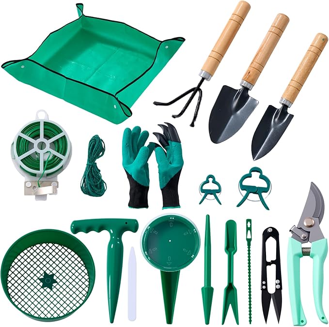 18-Piece Gardening Kit with Bonsai Tools Succulent &amp Herb Planting Set Pruning Shears Seed Trays Waterproof Mat – Durable BPA-Free Indoor &amp Outdoor Garden Tool Set Gift