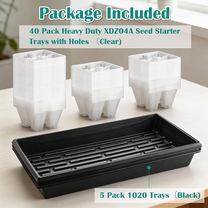 5 Pack Heavy Duty 1020 Trays and 40 Pack Clear 4 Cell Seed Starter Trays with Drainage Holes - Reusable Seed Starter Kit for Seed Germination &amp Plant Propagation (5 Sets)
