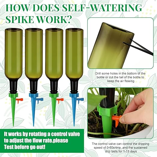 8 Set Plant Watering Devices with Self Watering Spikes and 26 oz Plastic Bottles Plant Waterer Devices with Adjustable Control Valve Switch Indoor Outdoor (Green)