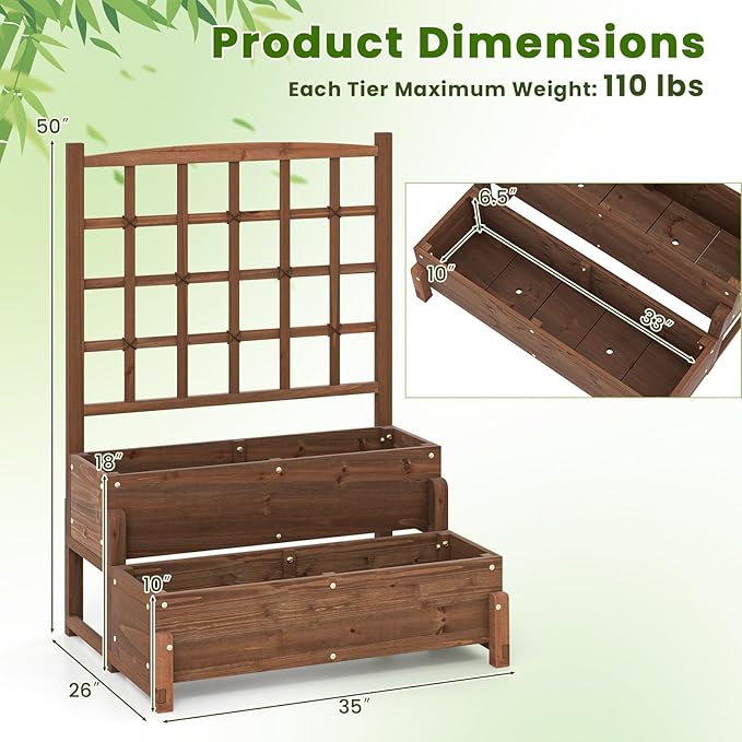 Fir Wood Raised Garden Bed with Trellis 2-Tier Wooden Elevated Planter Box w/Drainage System Garden Trellis for Flower Vegetable Fruit &amp Herb (2)