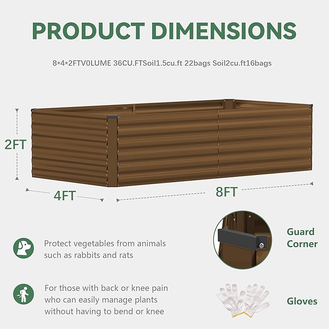 FOOWIN 8x4x2ft Galvanized Raised Garden Bed Planter Raised Garden Boxes Outdoor Large Metal Raised Beds for Gardening Garden Bed for Vegetables Flowers Herb478 Gallon Capacity Brown