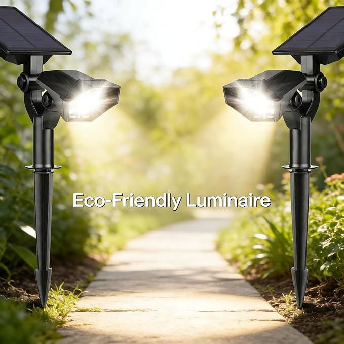 Solar Garden Spotlights 2 PCS Outdoor Landscape Lighting Warm White LED with Battery Powered Auto On/Off - Adjustable Angle Dual Installation for Lawn Patio Yard