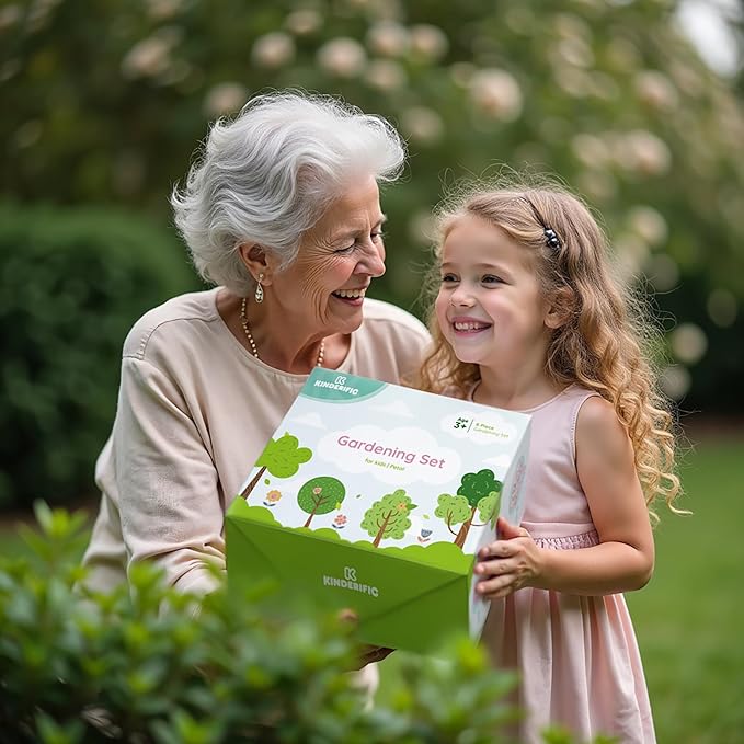 Gardening Set Tool Kit for Kids STEM Includes Tote Bag Spade Watering Can Rake Fork Trowel and Gloves (Petal)
